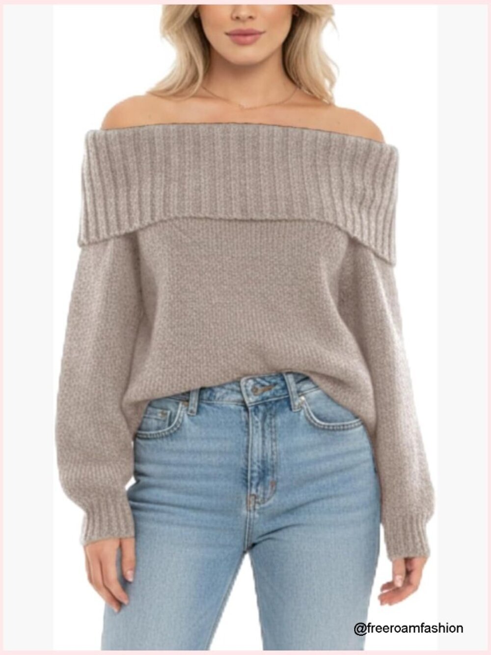 Off Shoulder Chunky Fold Over Long Sleeve Sweater